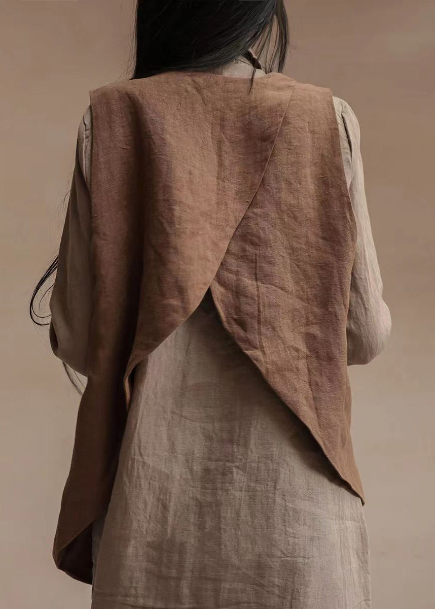 Boho Brown V Neck Asymmetrical Design Patchwork Linen Waistcoat Top Sleeveless Ada Fashion