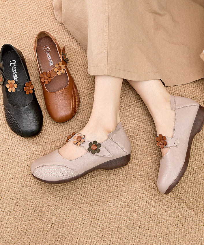 Boho Buckle Strap Flat Shoes For Women Apricot Floral Cowhide Leather LC0521 - fabuloryshop