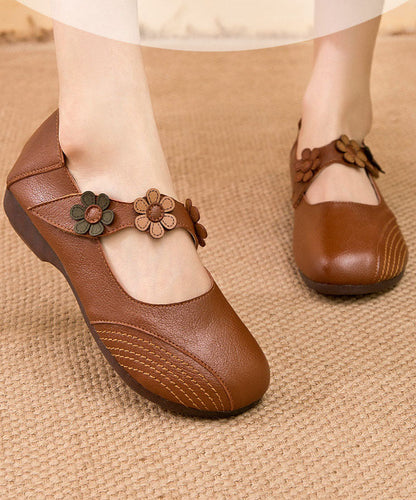 Boho Buckle Strap Flat Shoes For Women Apricot Floral Cowhide Leather LC0521 - fabuloryshop