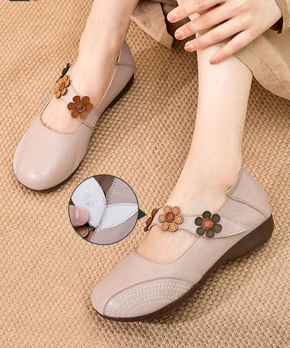 Boho Buckle Strap Flat Shoes For Women Apricot Floral Cowhide Leather LC0521 - fabuloryshop