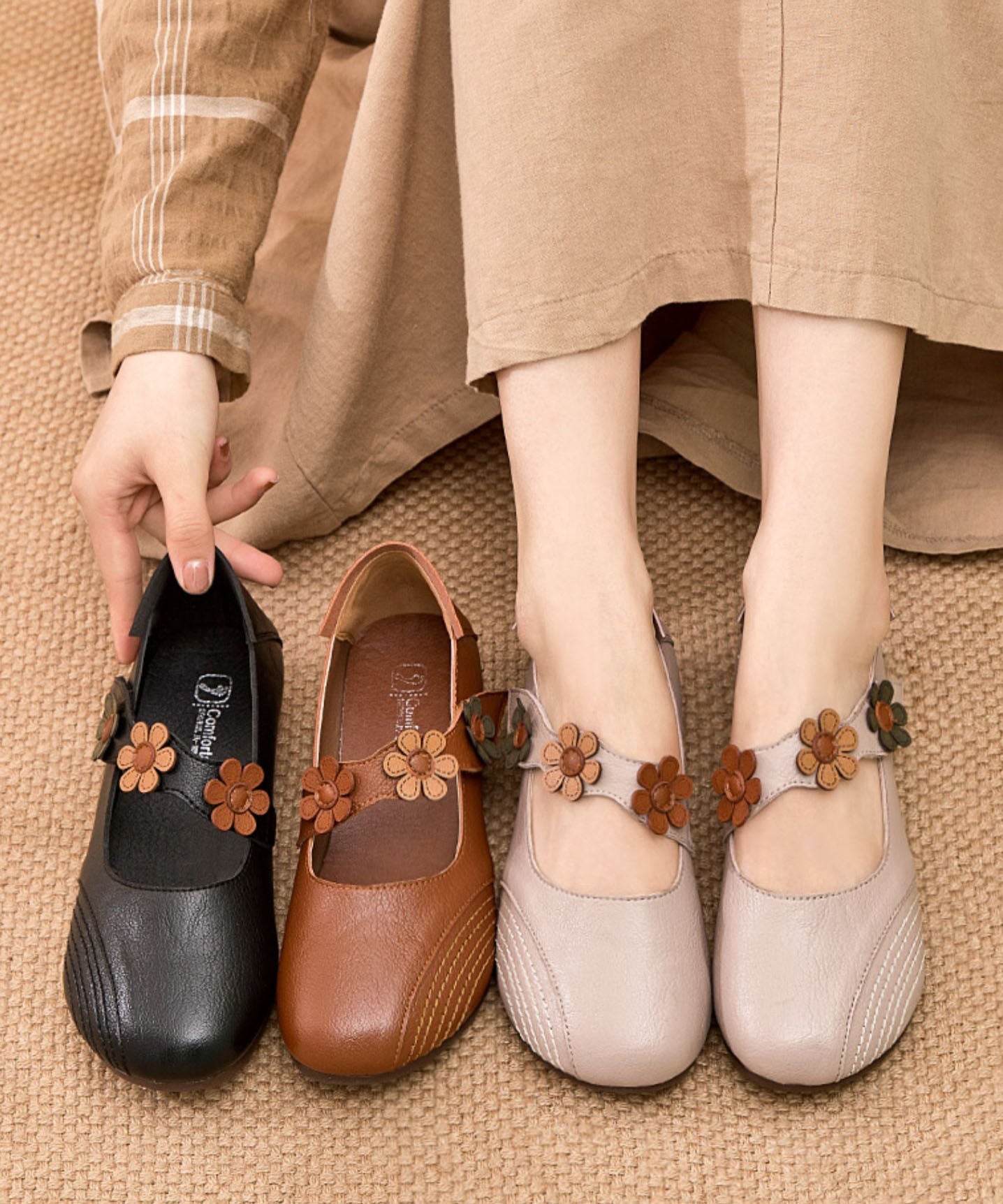 Boho Buckle Strap Flat Shoes For Women Apricot Floral Cowhide Leather LC0521 - fabuloryshop