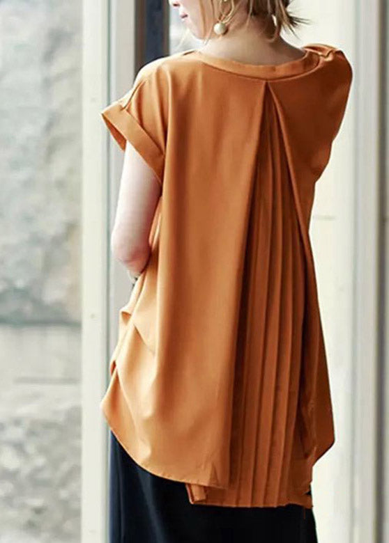 Boho Caramel V Neck Solid Chiffon T Shirt Short Sleeve LY2091 - fabuloryshop