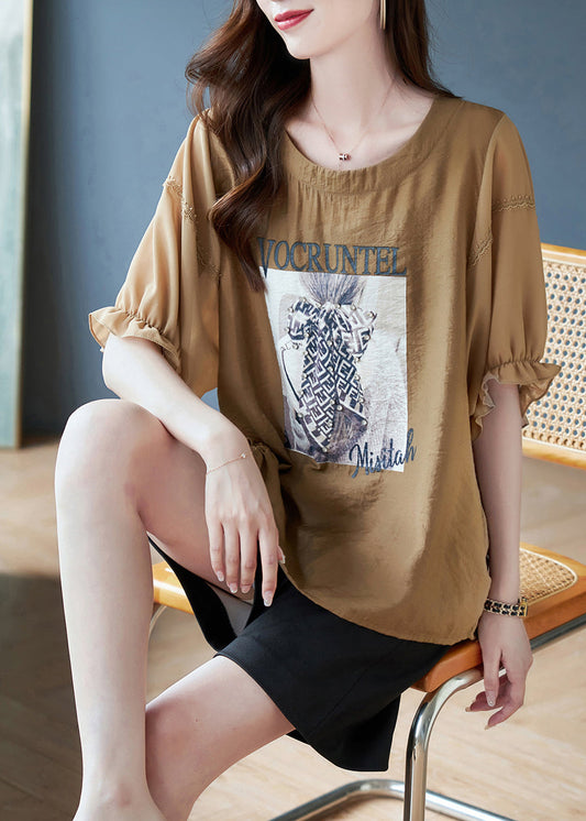 Boho Coffee O-Neck Print Drawstring Chiffon T Shirts Batwing Sleeve Ada Fashion