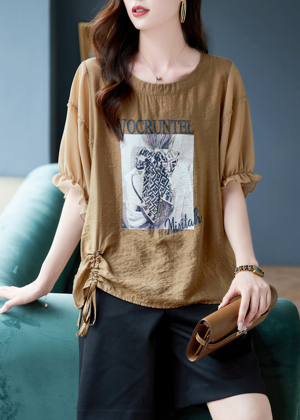 Boho Coffee O-Neck Print Drawstring Chiffon T Shirts Batwing Sleeve Ada Fashion