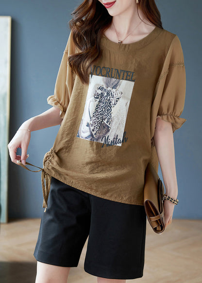 Boho Coffee O-Neck Print Drawstring Chiffon T Shirts Batwing Sleeve Ada Fashion