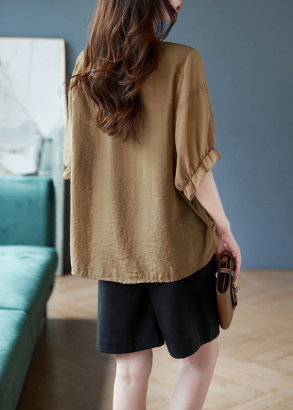 Boho Coffee O-Neck Print Drawstring Chiffon T Shirts Batwing Sleeve Ada Fashion