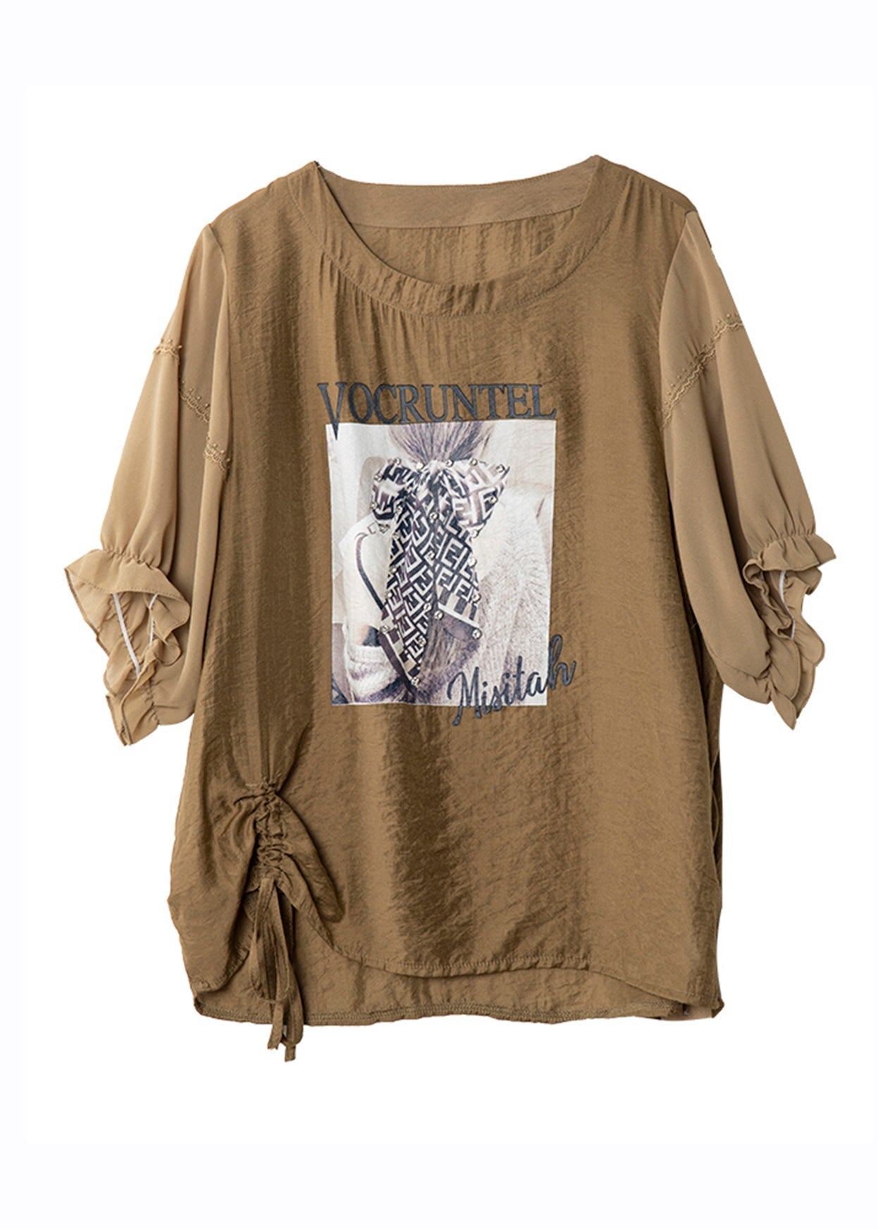 Boho Coffee O-Neck Print Drawstring Chiffon T Shirts Batwing Sleeve Ada Fashion