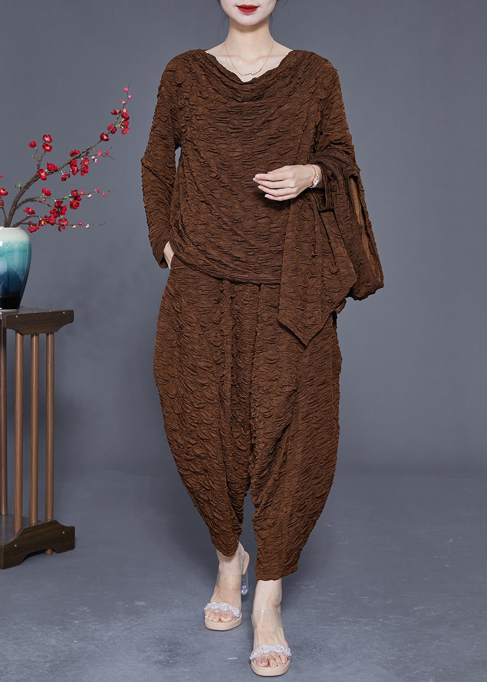 Boho Coffee Oversized Wrinkled Cotton Three Pieces Set Spring LY2328