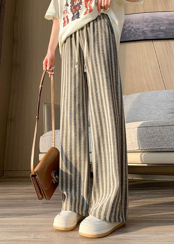 Boho Coffee Striped Patchwork Elastic Waist Cotton Wide Leg Pants Spring LY2605