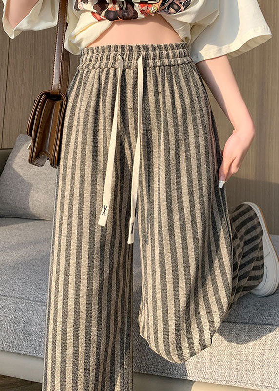 Boho Coffee Striped Patchwork Elastic Waist Cotton Wide Leg Pants Spring LY2605