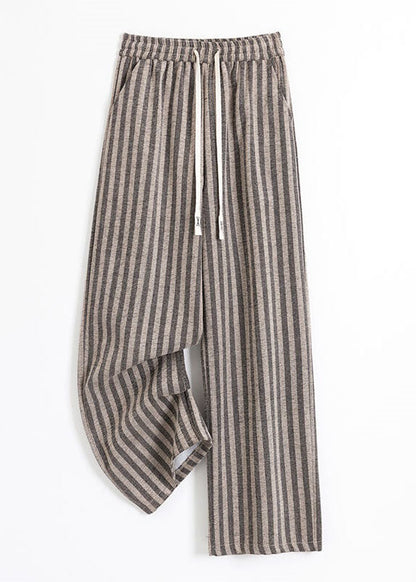 Boho Coffee Striped Patchwork Elastic Waist Cotton Wide Leg Pants Spring LY2605 - fabuloryshop