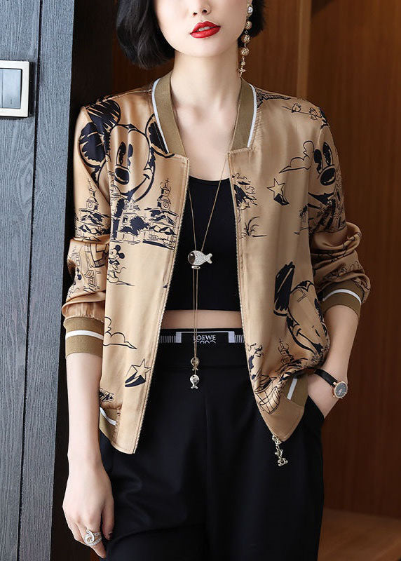 Boho Coffee Zippered Patchwork Print Silk Coats Spring LY0390 - fabuloryshop