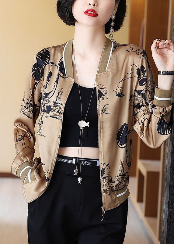 Boho Coffee Zippered Patchwork Print Silk Coats Spring LY0390 - fabuloryshop