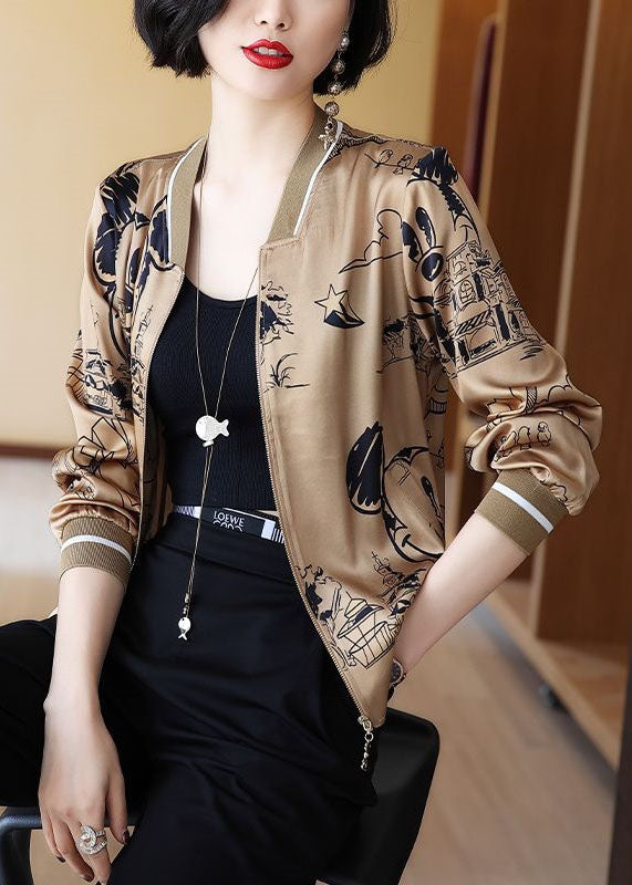 Boho Coffee Zippered Patchwork Print Silk Coats Spring LY0390 - fabuloryshop