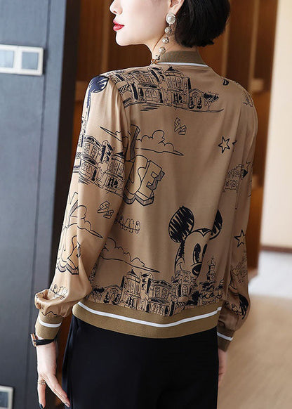 Boho Coffee Zippered Patchwork Print Silk Coats Spring LY0390 - fabuloryshop