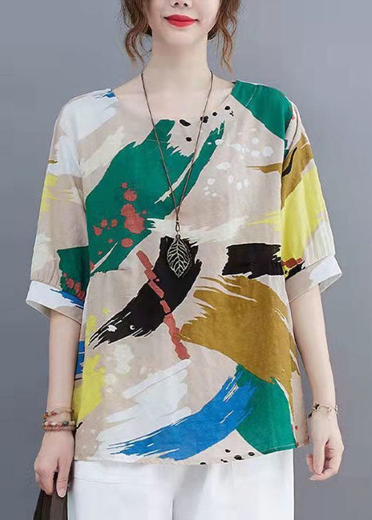Boho Colorblock O Neck Patchwork Linen T Shirt Summer LY4083 - fabuloryshop