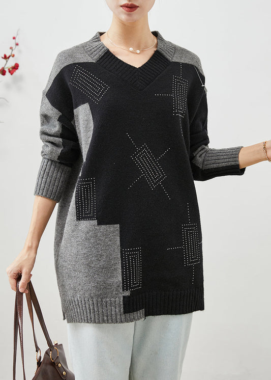 Boho Colorblock V Neck Patchwork Thick Knitted Tops Winter Ada Fashion