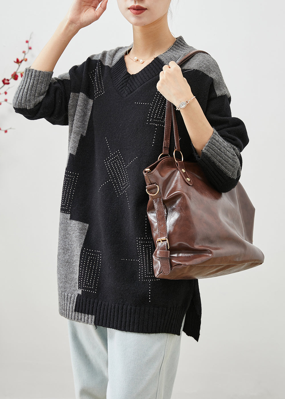 Boho Colorblock V Neck Patchwork Thick Knitted Tops Winter Ada Fashion