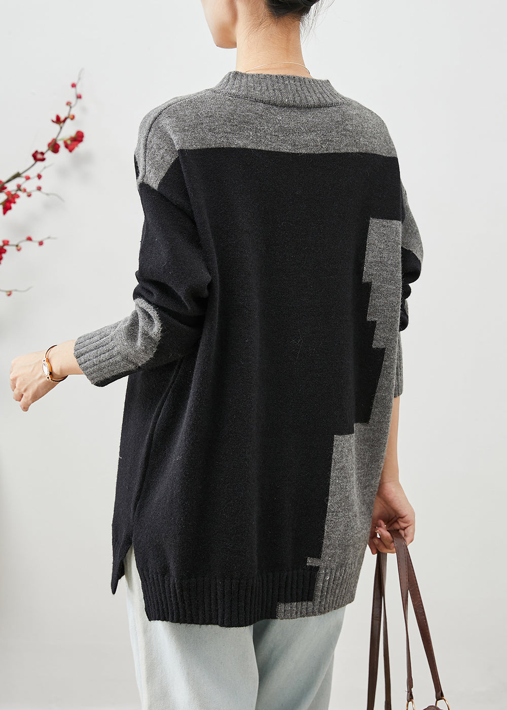 Boho Colorblock V Neck Patchwork Thick Knitted Tops Winter Ada Fashion