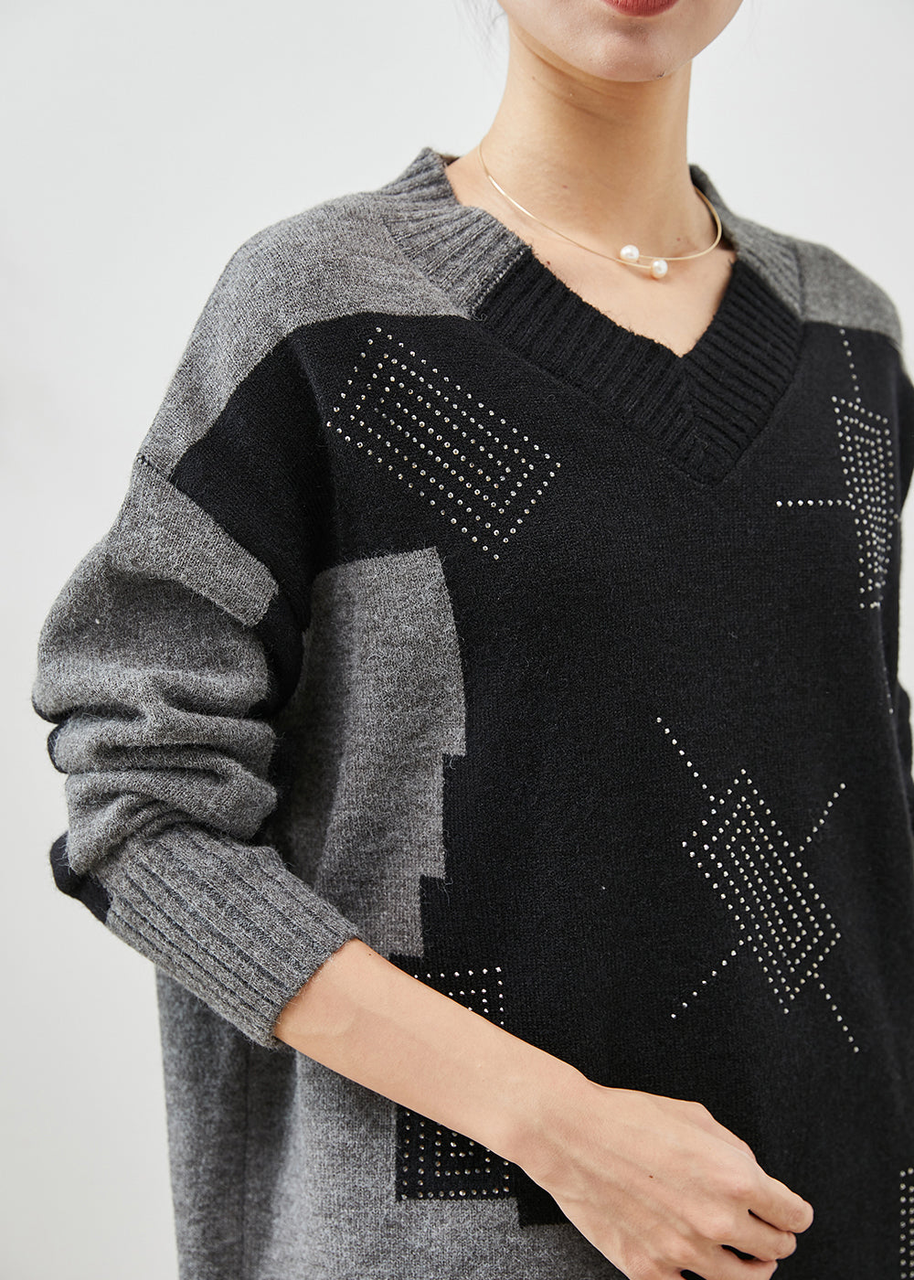 Boho Colorblock V Neck Patchwork Thick Knitted Tops Winter Ada Fashion