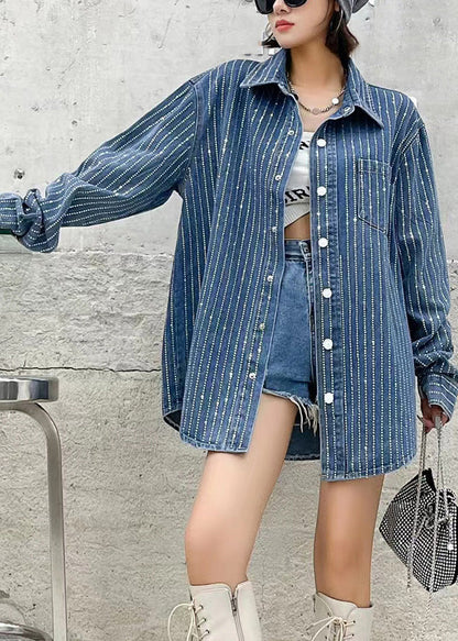 Boho Dark Blue Peter Pan Collar Patchwork Solid Denim Coats Fall LY6054 - fabuloryshop