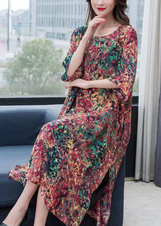 Boho Floral O Neck Print Side Open Patchwork Chiffon Dress Summer Ada Fashion