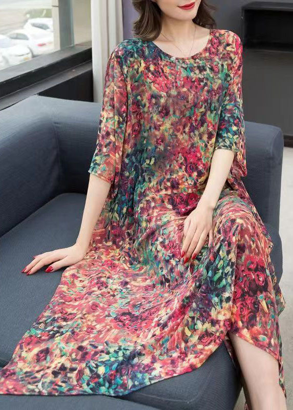 Boho Floral O Neck Print Side Open Patchwork Chiffon Dress Summer Ada Fashion