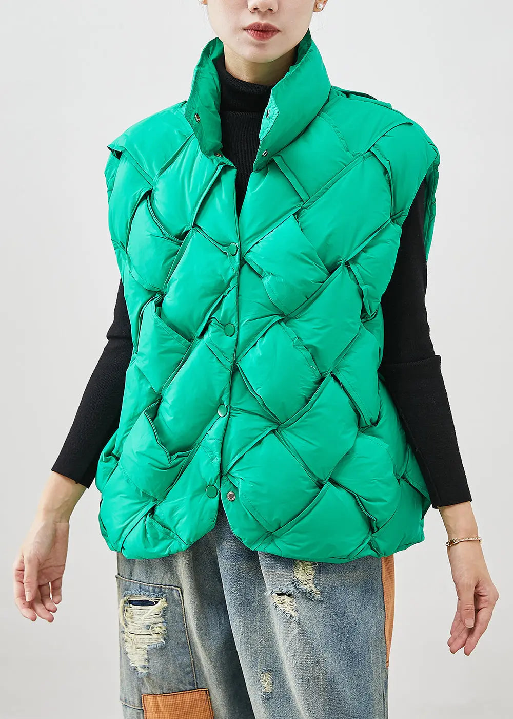 Boho Grass Green Plaid Duck Down Down Vest Winter Ada Fashion