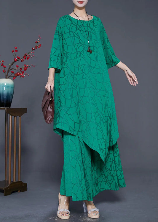 Boho Green Asymmetrical Design Silk Two Pieces Set Summer Ada Fashion