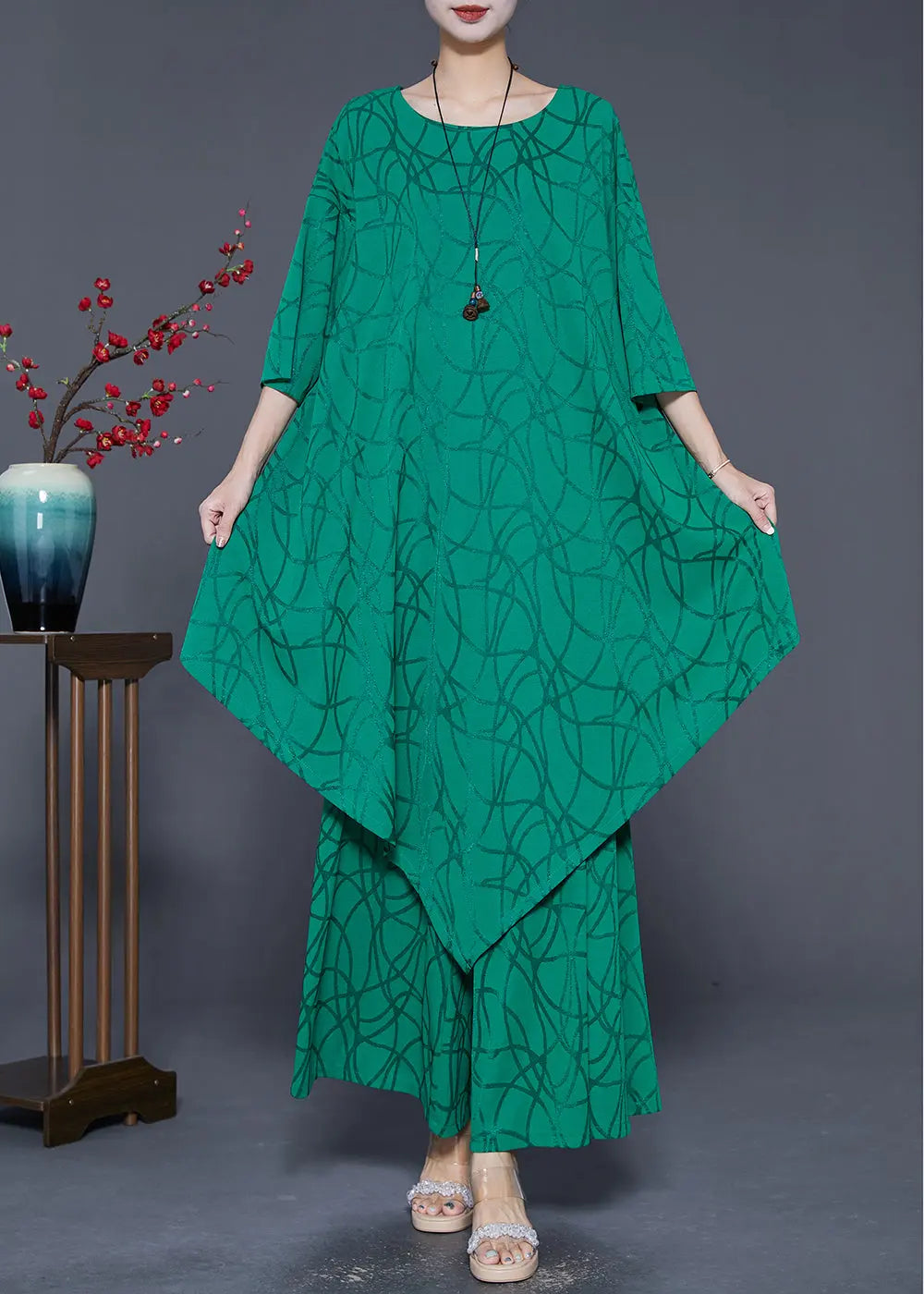 Boho Green Asymmetrical Design Silk Two Pieces Set Summer Ada Fashion