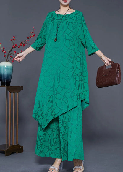 Boho Green Asymmetrical Design Silk Two Pieces Set Summer Ada Fashion