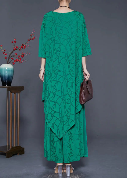 Boho Green Asymmetrical Design Silk Two Pieces Set Summer Ada Fashion