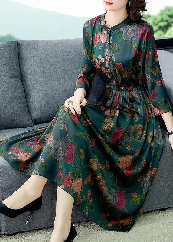 Boho Green Cinched Print Silk Dresses Bracelet Sleeve LY1690 - fabuloryshop