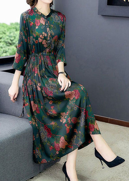 Boho Green Cinched Print Silk Dresses Bracelet Sleeve LC0206 - fabuloryshop