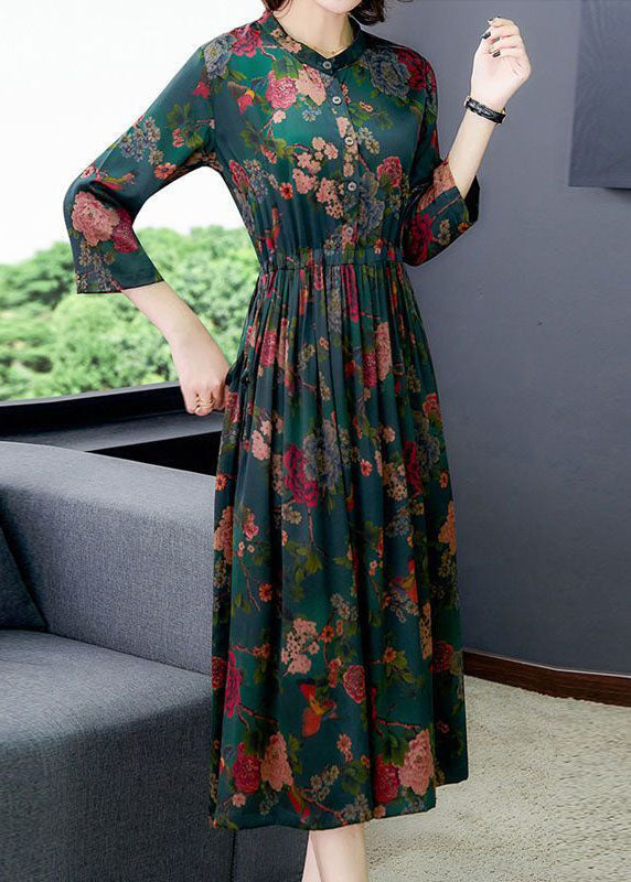 Boho Green Cinched Print Silk Dresses Bracelet Sleeve LC0206 - fabuloryshop