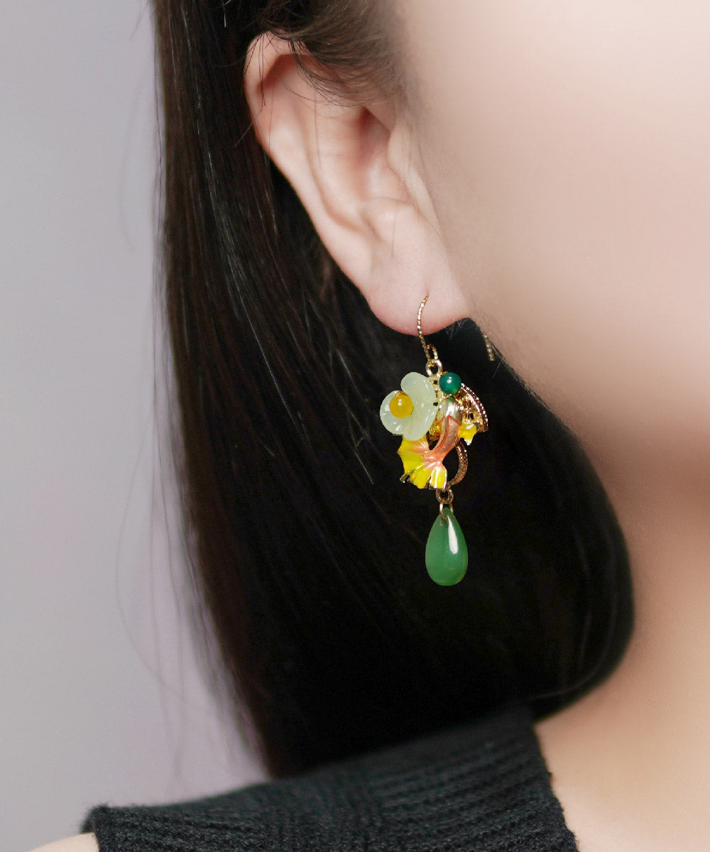 Boho Green Coloured Glaze Chalcedony Agate Cloisonne Floral Fish Drip Drop Earrings LY2200 - fabuloryshop