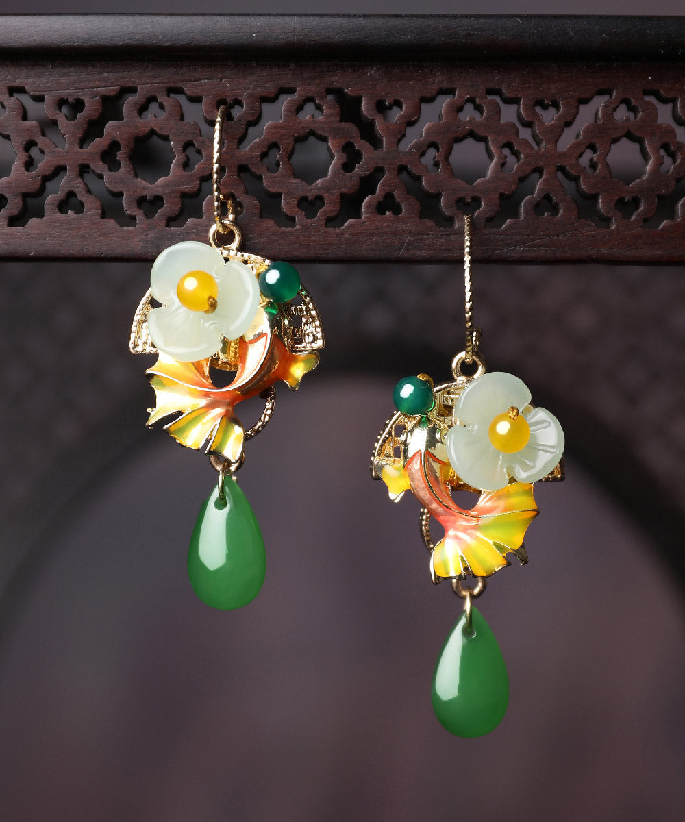 Boho Green Coloured Glaze Chalcedony Agate Cloisonne Floral Fish Drip Drop Earrings LY2200 - fabuloryshop