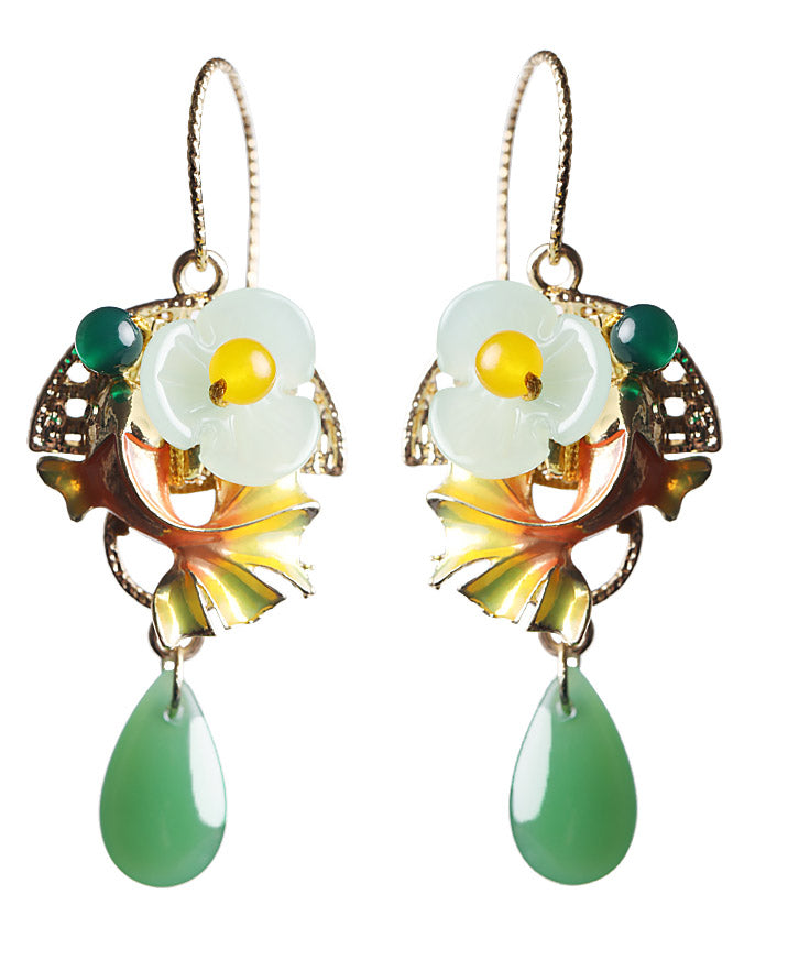 Boho Green Coloured Glaze Chalcedony Agate Cloisonne Floral Fish Drip Drop Earrings LY2200 - fabuloryshop