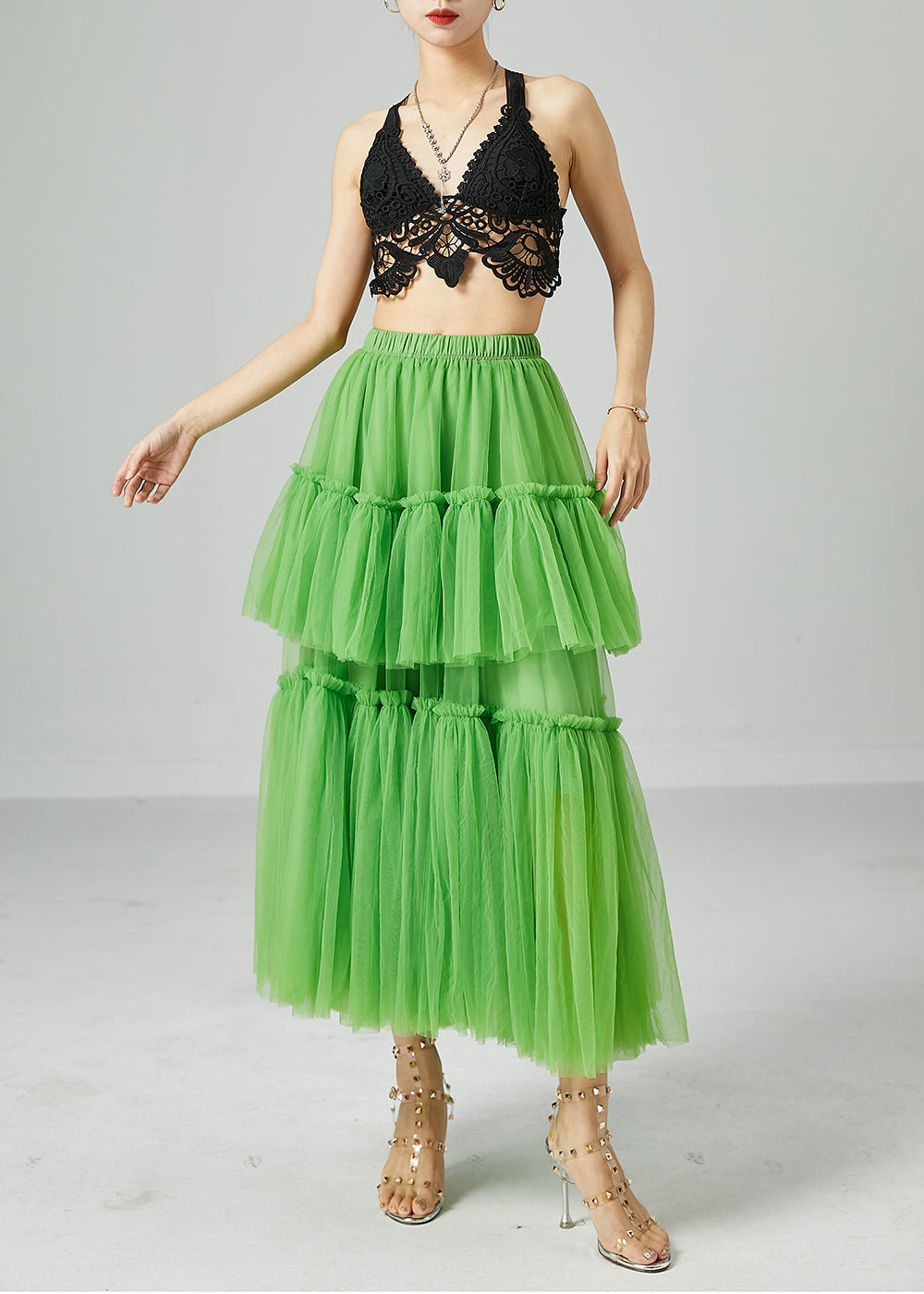 Boho Green Elastic Waist Patchwork Wrinkled Tulle Skirts Summer LY2433 - fabuloryshop