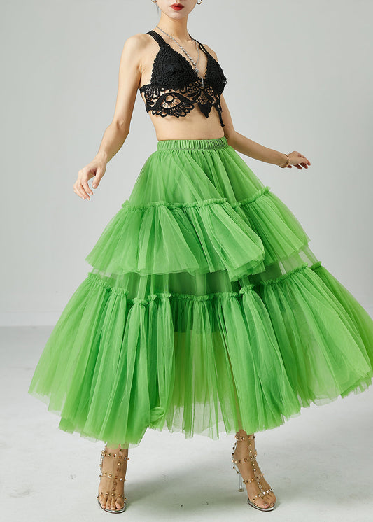Boho Green Elastic Waist Patchwork Wrinkled Tulle Skirts Summer LY2433