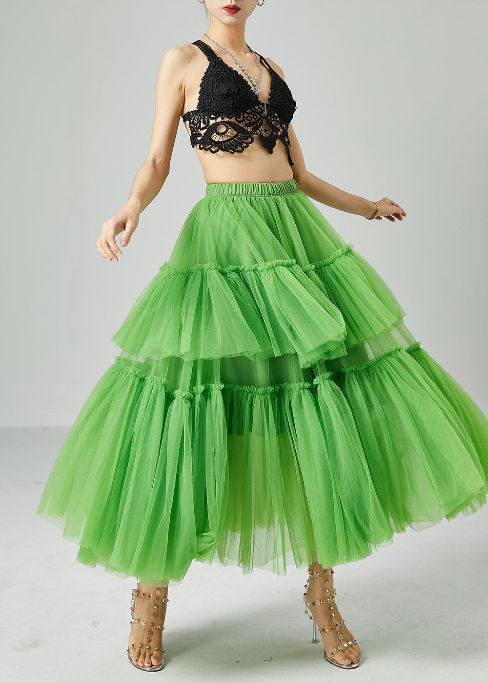 Boho Green Elastic Waist Patchwork Wrinkled Tulle Skirts Summer LY2433 - fabuloryshop