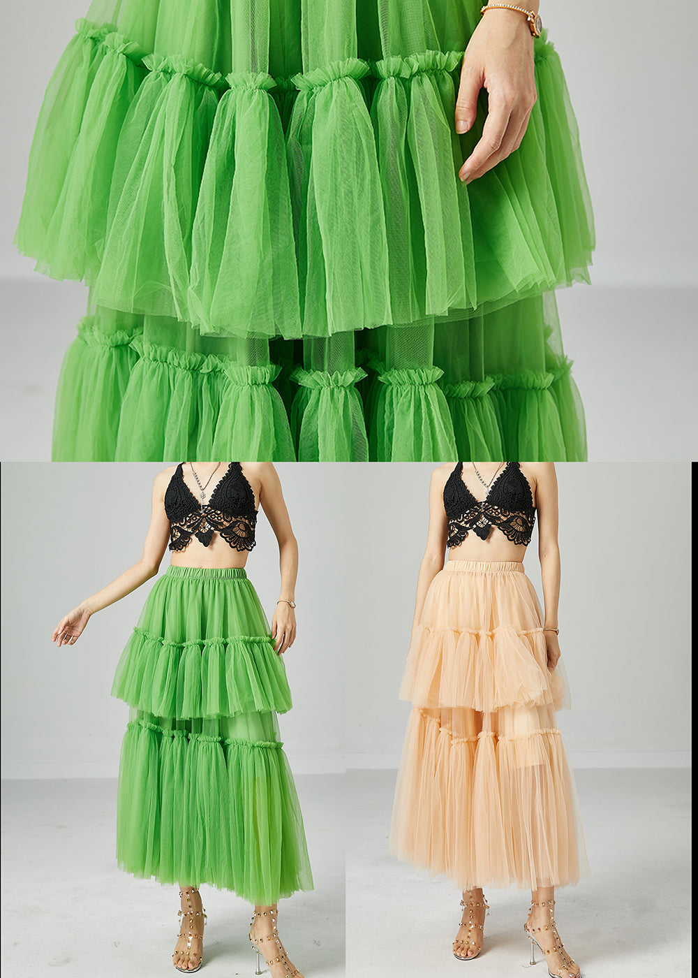 Boho Green Elastic Waist Patchwork Wrinkled Tulle Skirts Summer LY2433