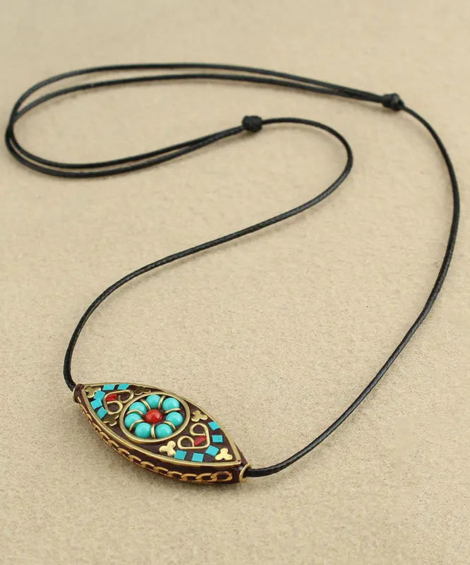 Boho Green Hand Knitting Copper Turquoise Pendant Necklace Ada Fashion