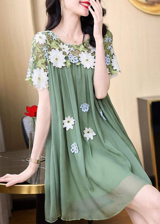 Boho Green O-Neck Embroideried Patchwork Tulle Mid Dresses Short SleeveTI1042 - fabuloryshop