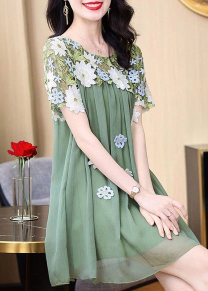 Boho Green O-Neck Embroideried Patchwork Tulle Mid Dresses Short SleeveTI1042 - fabuloryshop