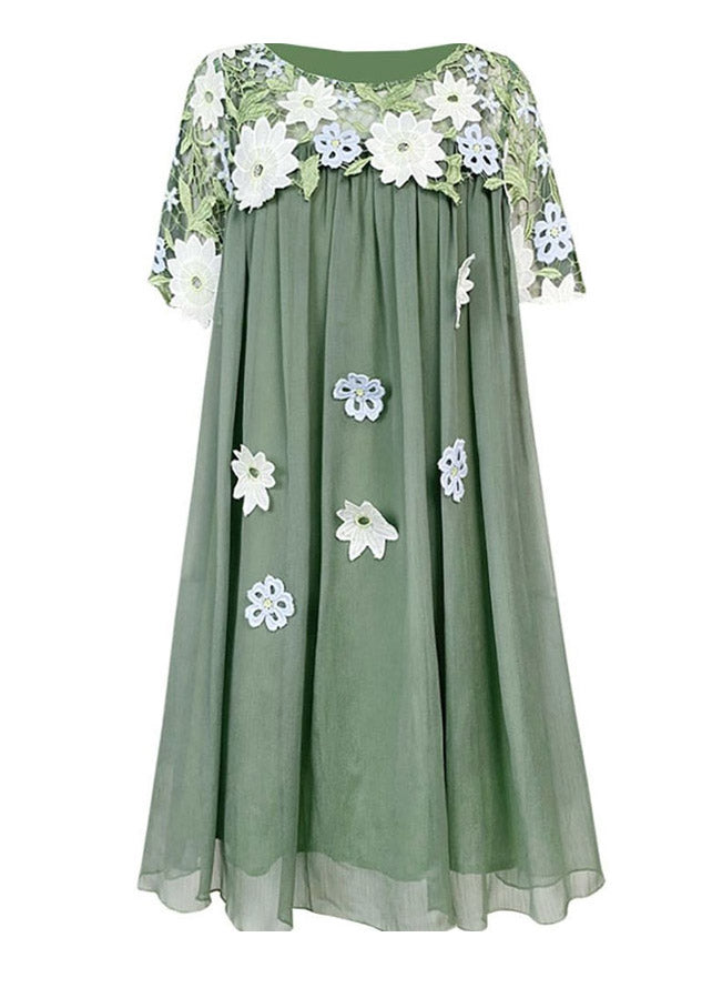 Boho Green O-Neck Embroideried Patchwork Tulle Mid Dresses Short Sleeve LY4470 - fabuloryshop