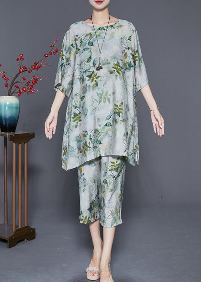 Boho Green O-Neck Leaf Print Linen Two Pieces Set Summer Ada Fashion