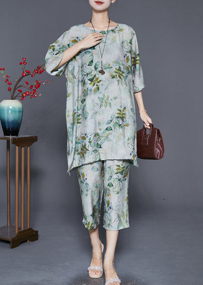 Boho Green O-Neck Leaf Print Linen Two Pieces Set Summer Ada Fashion