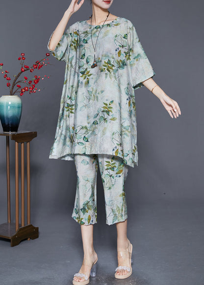 Boho Green O-Neck Leaf Print Linen Two Pieces Set Summer Ada Fashion