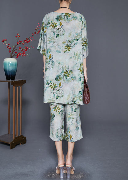 Boho Green O-Neck Leaf Print Linen Two Pieces Set Summer Ada Fashion